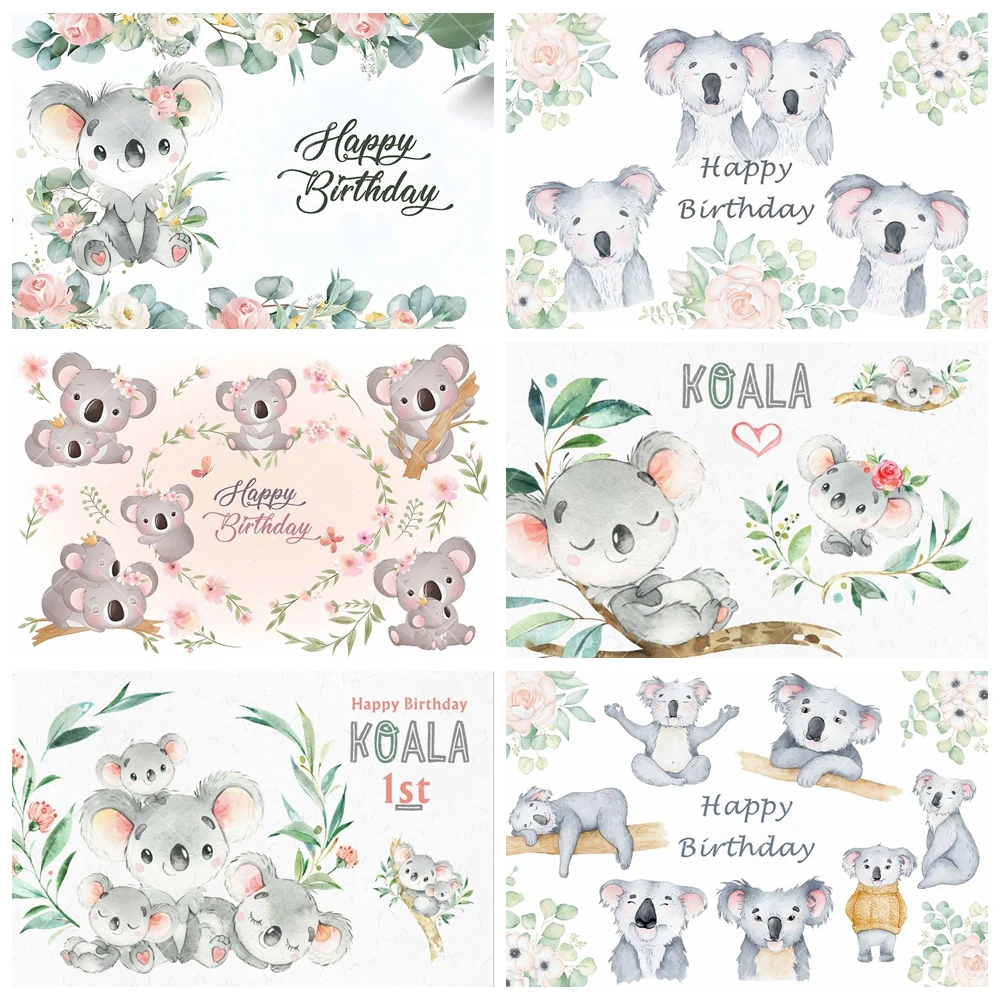 Cute Koala Bear Baby Shower Photography Backdrop Custom Safari Glitter Green Leaves Child Birthday Party Decor Banner Background