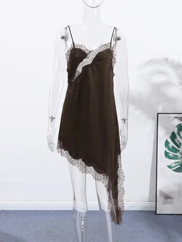ब्राउन साटन सेक्सी लेस स्प्लिस्ड शॉर्ट स्लिंग ड्रेस महिलाओं के लिए वी-नेक स्लीवलेस बैकलेस असममित पार्टी ड्रेस 2025 समर लेडी रोब्स 10 best sales साटन लंबी पोशाक - №9