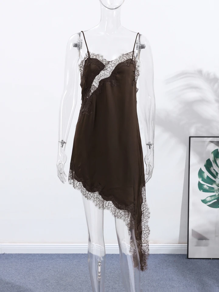 Brown Satin Sexy Lace Spliced Short Sling Dress Women V-neck Sleeveless  Backless Asymmetric Party Dresses 2026 Summer Lady Robes - AliExpress  200000345