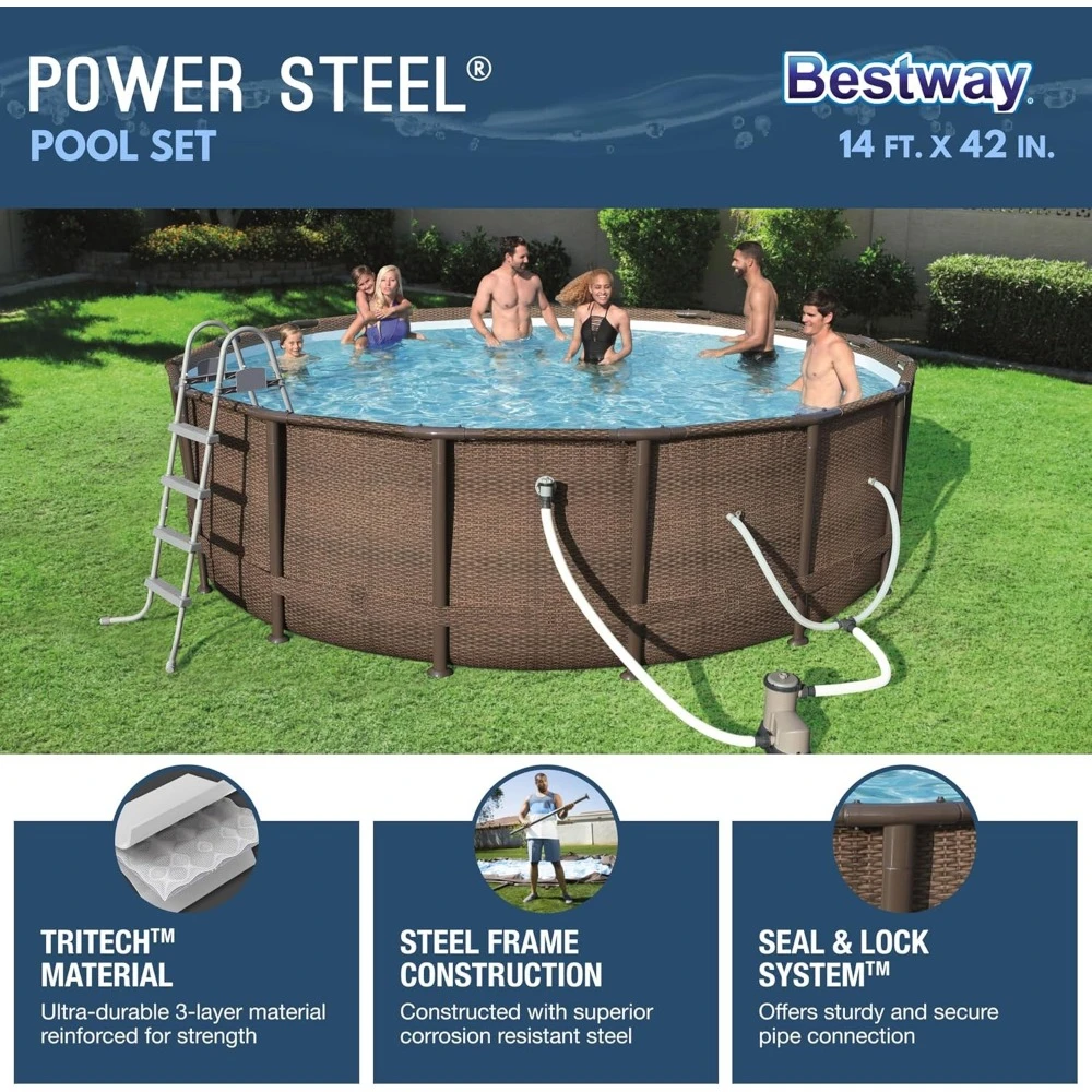 Power Steel 14’ x 42” Round Above Ground Outdoor Backyard Swimming Pool Set with 1,000 GPH Filter Pump, Ladder, and Pool