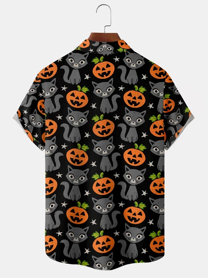 New Men Halloween Pumpkin And Cats Print Black Shirt Cartoon Style Summer Casual Button Up Shirts Short Sleeve Men's Clothing