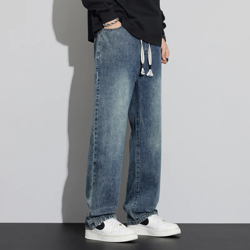 Vaqueros de pierna recta de ajuste regular para hombre, pantalones vaqueros informales con cordón y cintura elástica, pantalones vaqueros ligeros de carpintero
