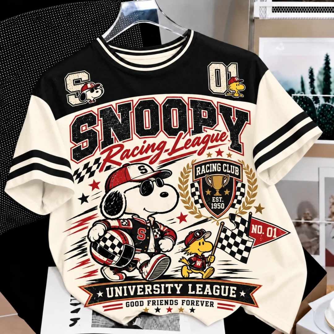 Vintage Snoopy Racing League T Shirt Men Women Retro Race Flag Graphic Tee Short Sleeve Casual Streetwear Unisex Kids Tops