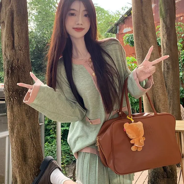 Green Elegant Two-piece Skirt Sets Women V-neck Long Sleeves Knitted Cardigan + Mini Pleated Skirt Autumn Y2K Korean Chic Suit