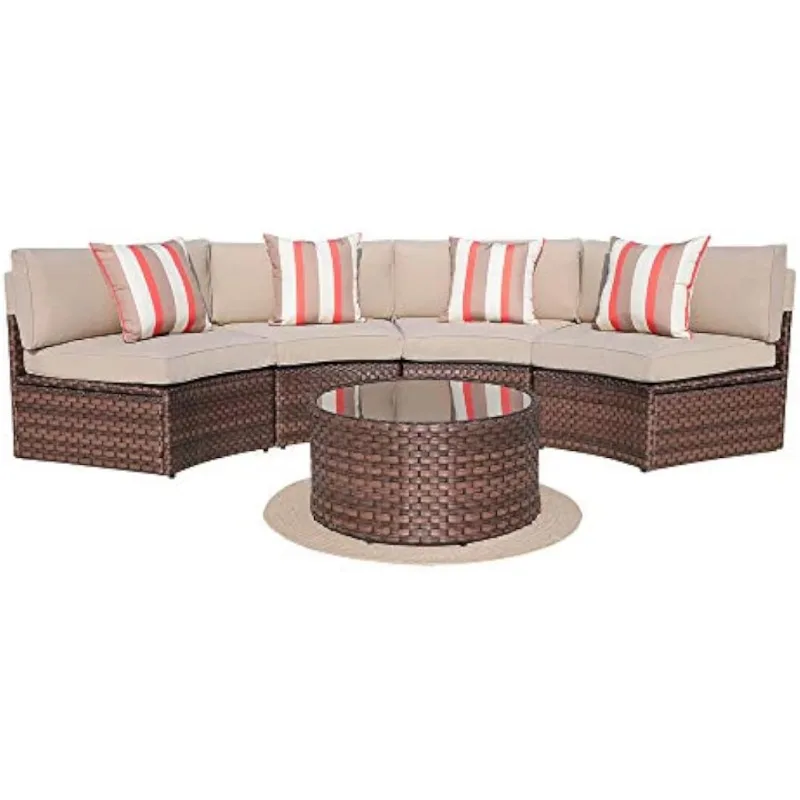 5-Piece Half Moon Outdoor Sectional Sofa Set with Cover, Patio Brown PE Wicker Furniture with Beige Cushions