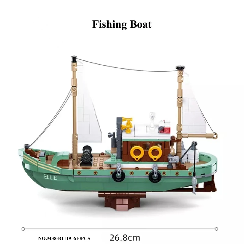 2022 New 610PCS City Creativity Fisherman Town Fishing Boat Ship Model Building Blocks DIY Bricks Kids Boys Toys Christmas Gift