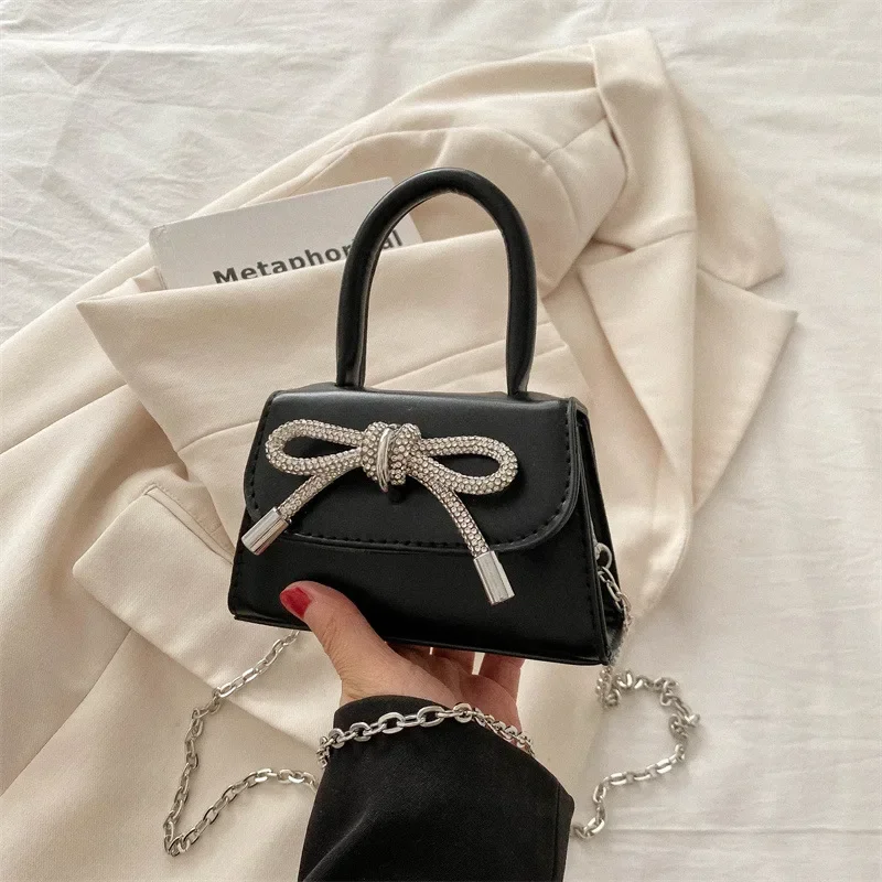 Bow Design Solid Color Mini Shoulder Bag PU Leather Flap Crossbody Bags for Women 2024 Fashion Female Chain Purse and Handbags