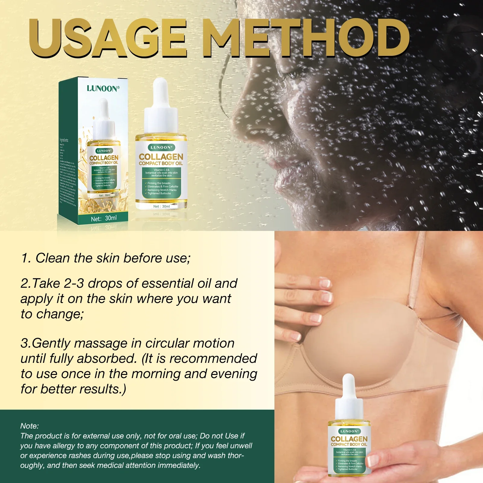 Kompaktowy olejek do ciała z kolagenem, redukuje zmarszczki i rozstępy, powiększa objętość skóry na biuście i pośladkach, równoważy hormony, pielęgnacja skóry dla kobiet.