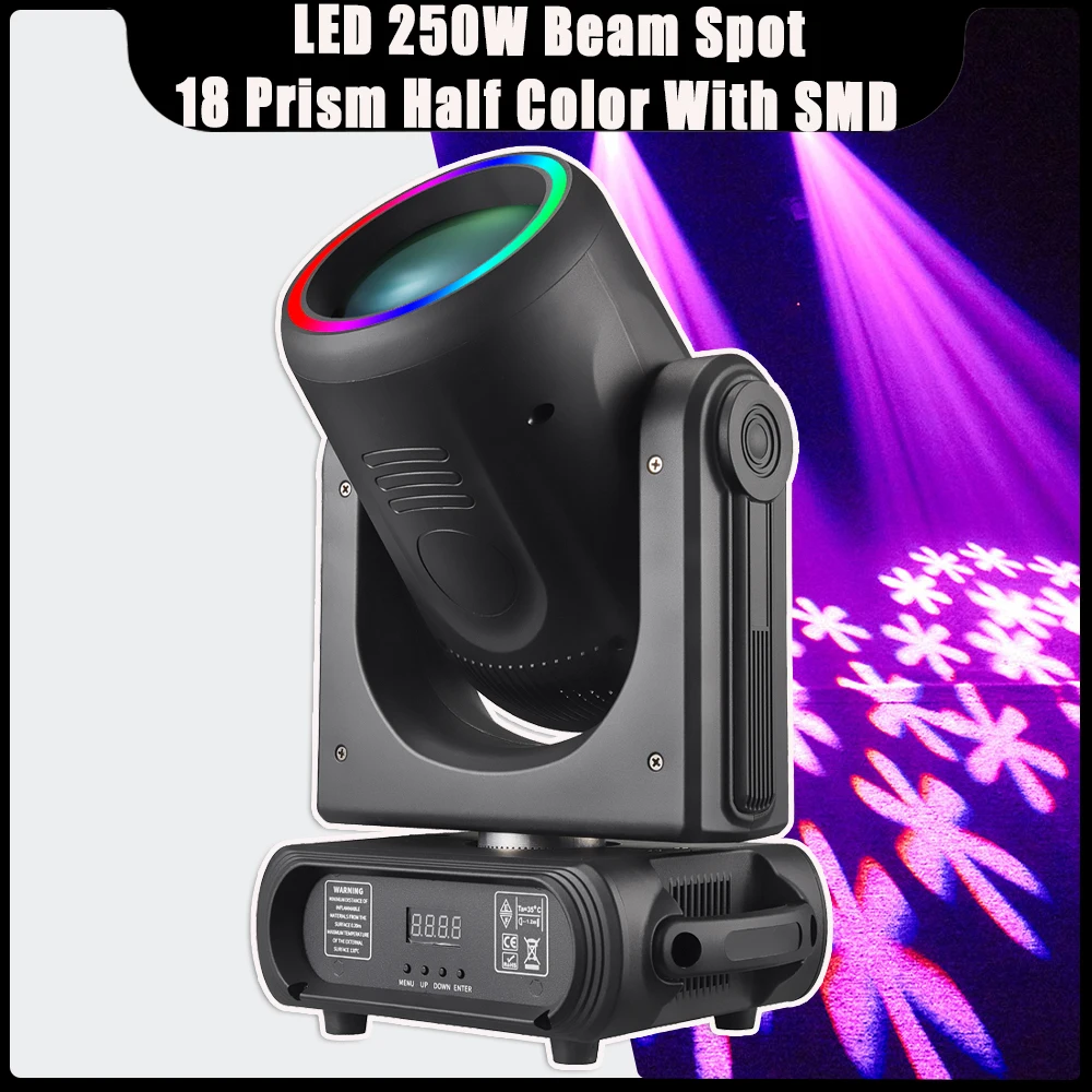 With SMD LED 250W Beam Moving Head Light Spot Half Colors 18Prism DJ Stage Lights DMX512 For DJ Disco Party Wedding Stage Effect