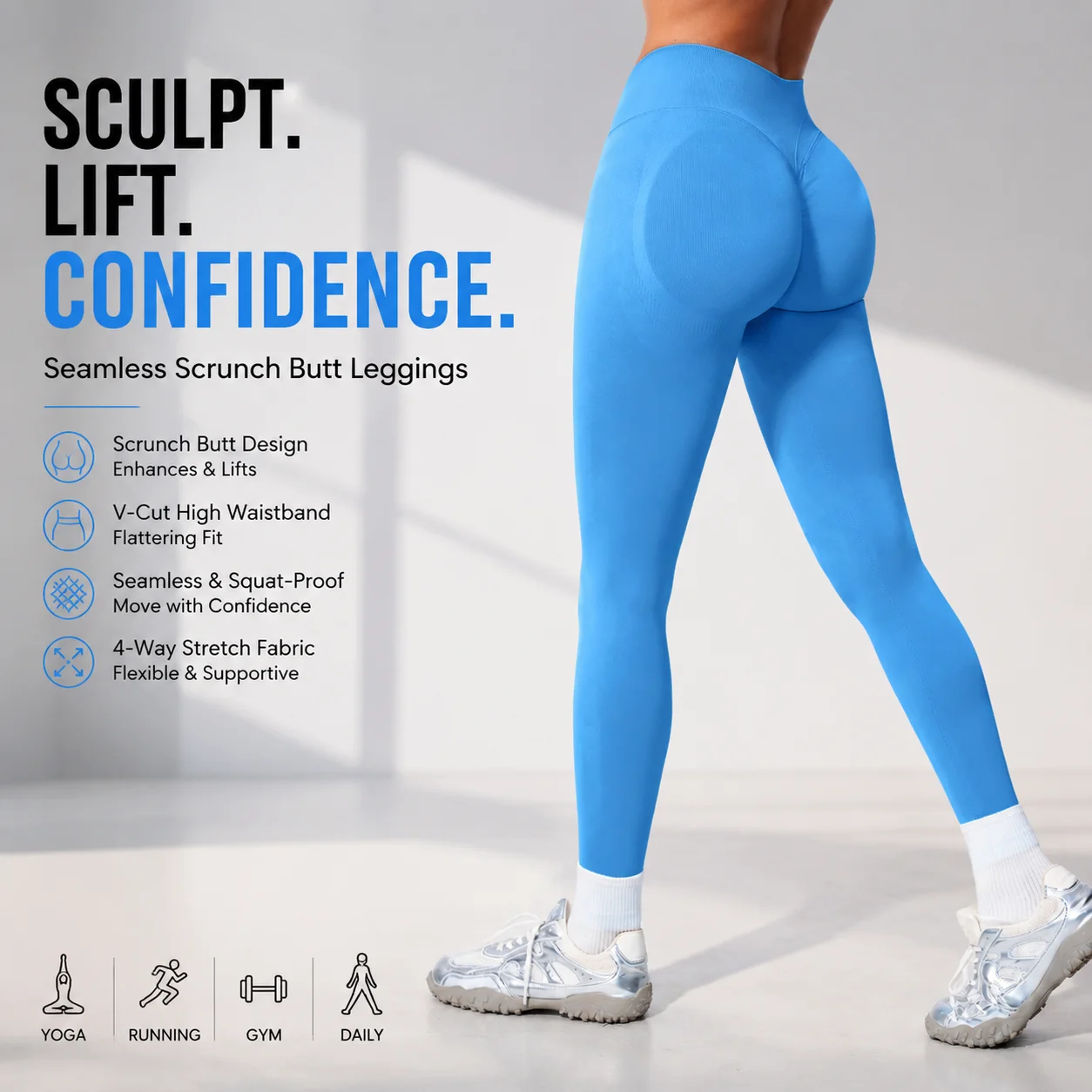 Women's Booty Lifting High Waist Yoga Leggings with Anti-Roll Waistband Squat Proof Seamless Compression Tights for Gym Running