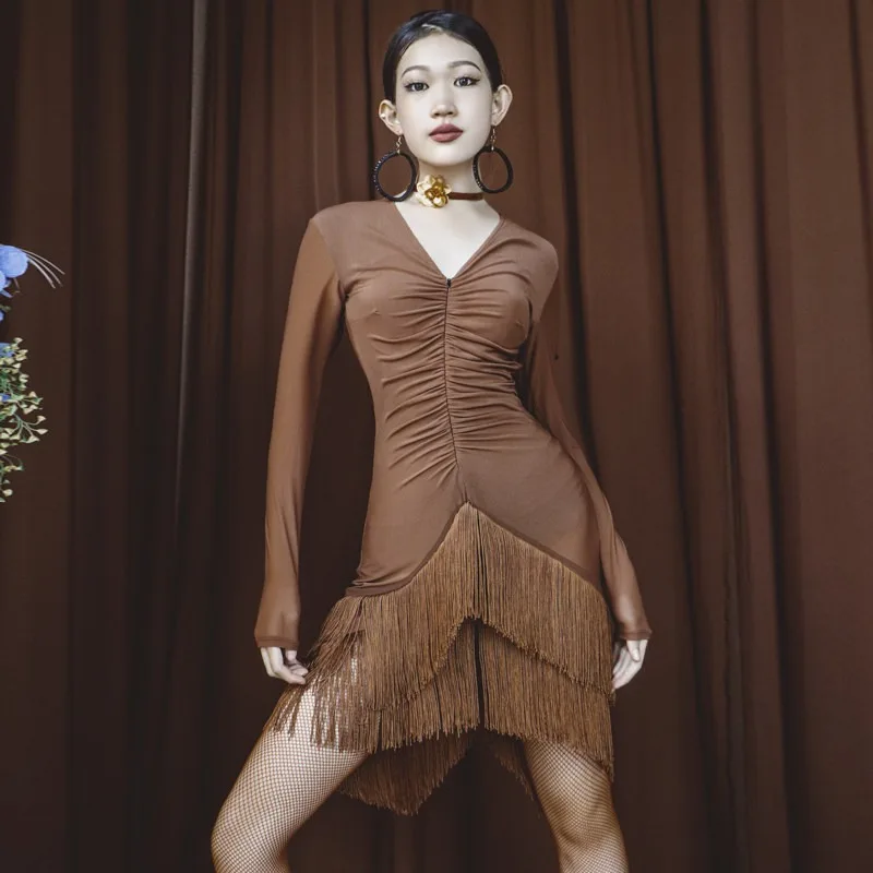 Latin dance practice suit V-neck fringed dress sexy perspective mesh dance suit art test performance woman