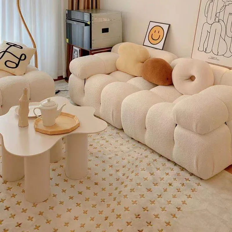 Living Room Sofa,White Lamb Wool Cloud Cream Cloth Sofa For Small Living Room Leisure Sofa Set Modular Room Sectional Sofas