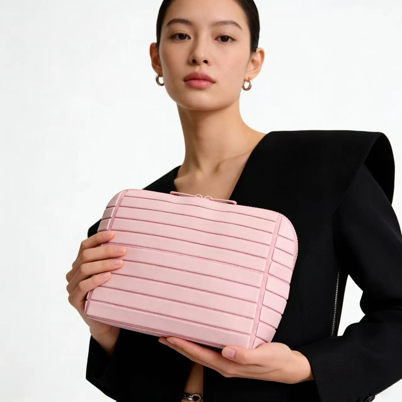 Large Capacity Striped Texture Cosmetic Bag Women Multi Compartment Waterproof PU Travel Makeup Organizer Storage Handbag