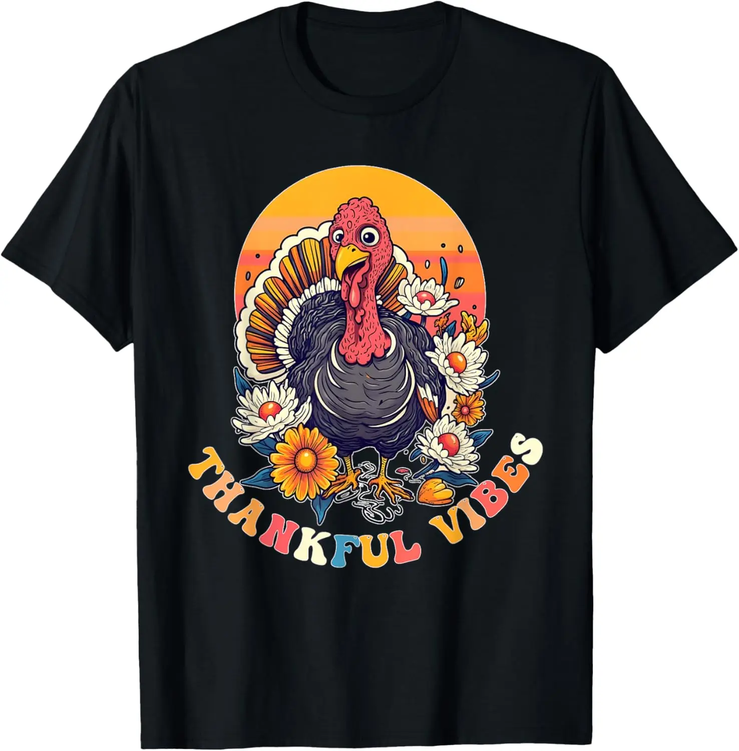 Thankful Vibes Turkey Funny Groovy Thanksgiving Women Girl T-Shirt