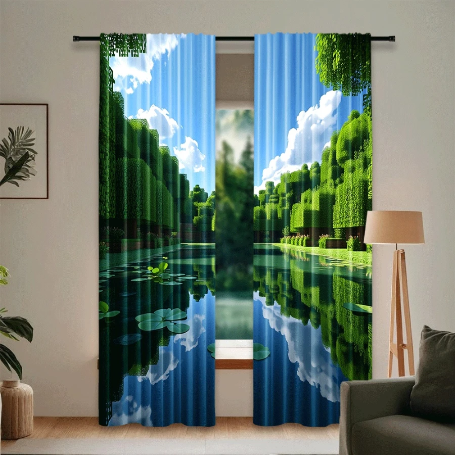 2PCS Digital Print Curtain, Pixel Art Green Forest Landscape Pattern, Gaming Style Scenery for Living Room Bedroom Home Decor
