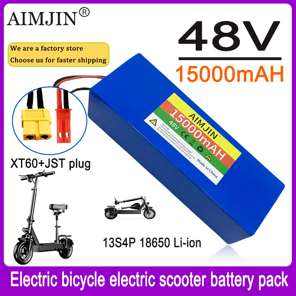 48V 15000mAh Electric Bike 18650 Lithium Battery 13S4P 500W Scooter Battery Pack Electric Bike Battery+54.6V 2A Charger