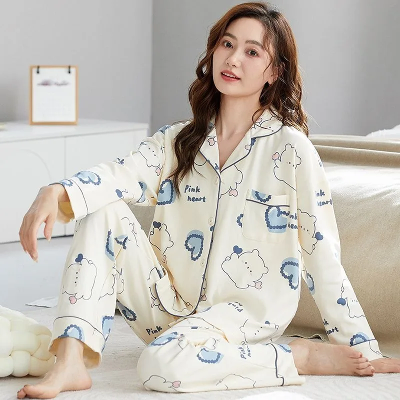 Women Cotton Pajamas Spring Autumn Female Long Sleep Sweet Loose Sleepwear Set Casual Lapel Large Size Cardigan Home Wear Suit