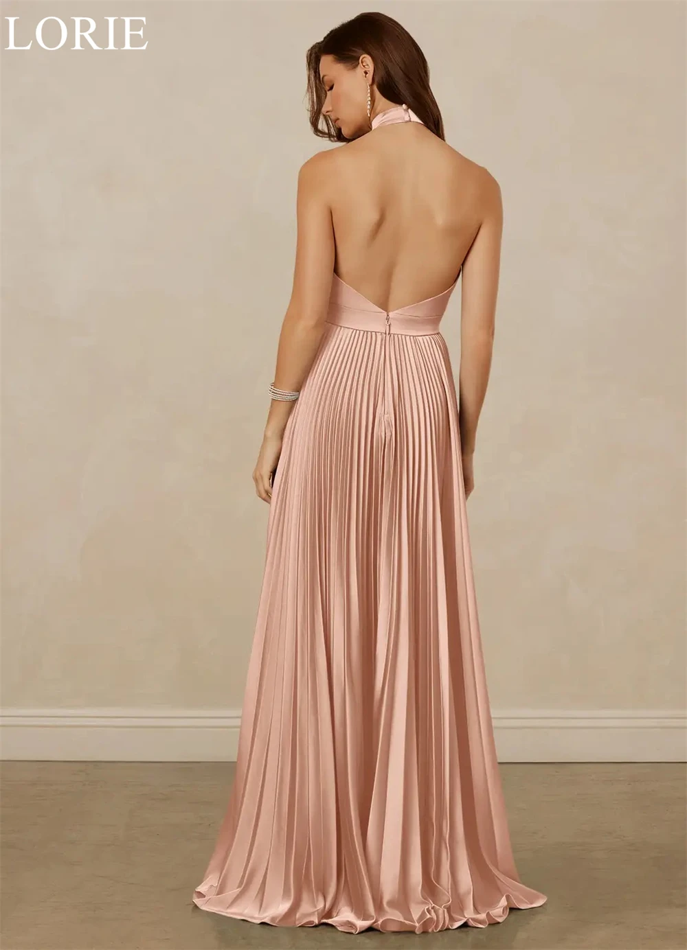 LORIE Elegant Rose Pink Satin Bridesmaid Dresses A-Line High Neck Pleated Side Slit Wedding Party Prom Gowns Backless Customized