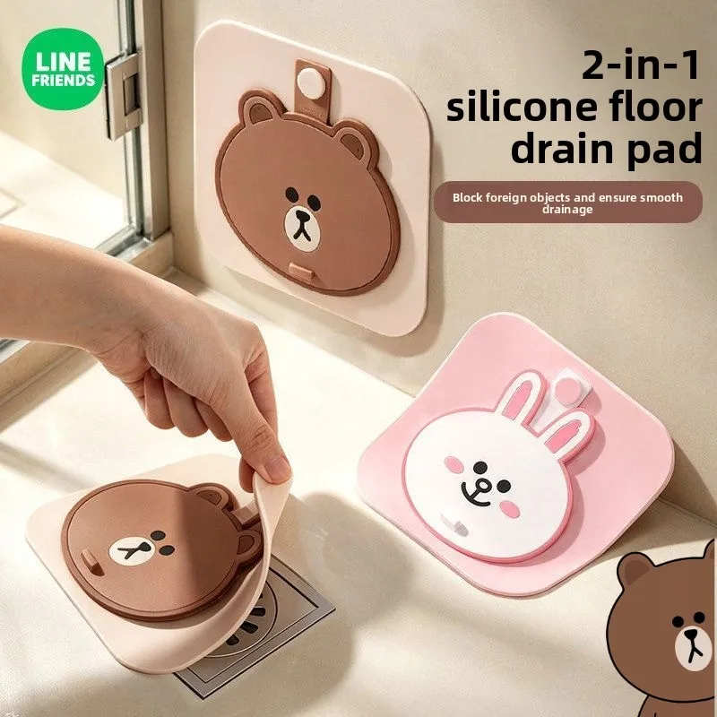 LINE FRIENDS Brown cartoon floor drain cover silicone bathroom shower anti-odor floor drain sticker anime merchandise wholesale