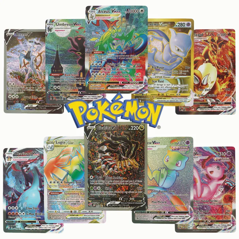 60/100 Tarjetas Pokémon en Inglés, Holográficas EX Vstar Vmax GX, Arcoíris, Arceus, Charizard, Mewtwo, Tarjetas de Evolución Coleccionables