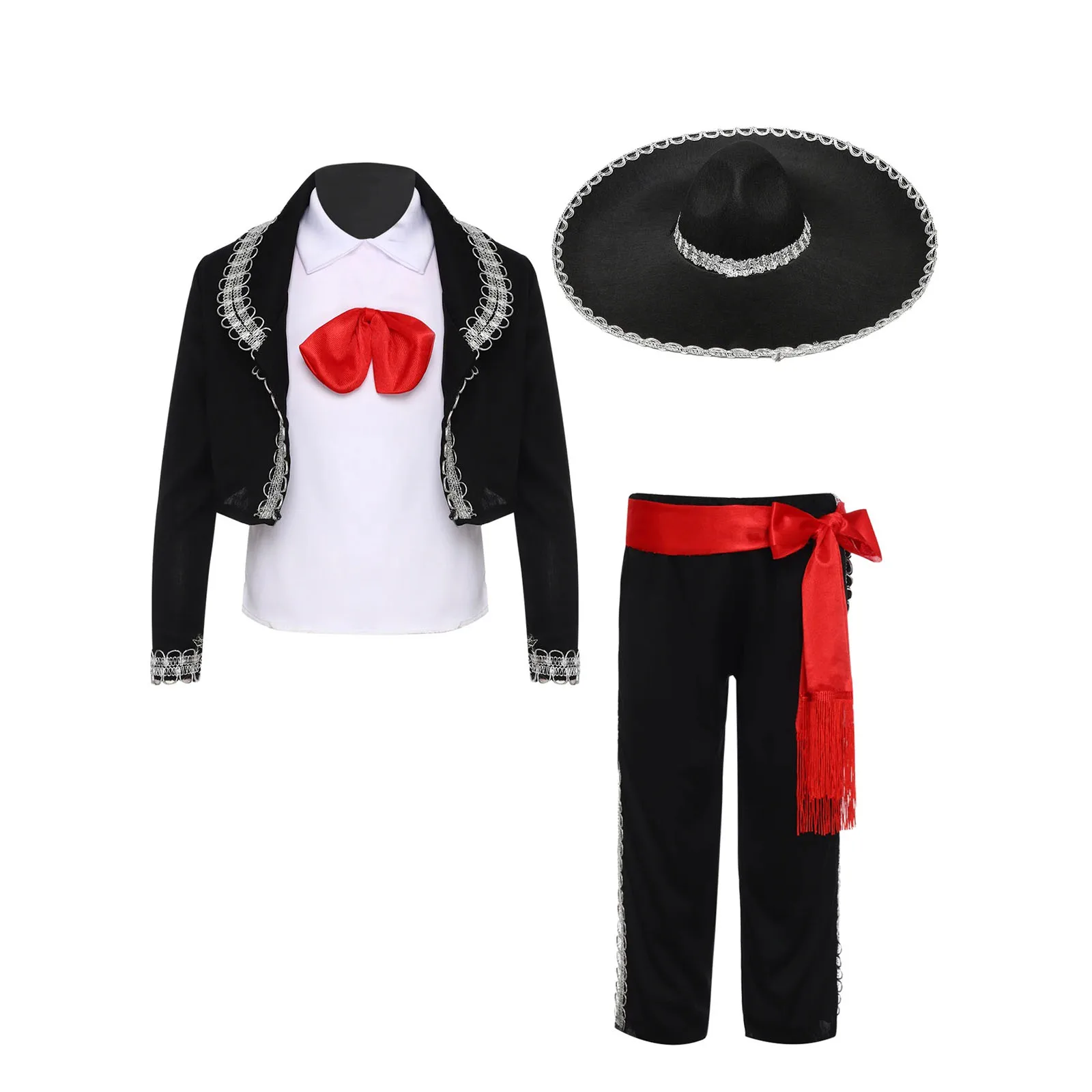 

Boys Mariachi Dress Up Traditional Mexican Costume Halloween Mexican Cosplay Vest Pants Jacket Waistband And Hat Performance Set