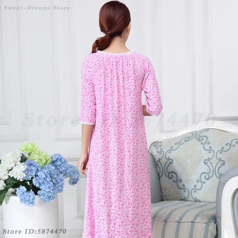 Spring Summer Long Nightdress Sweet Round Neck Printed Nightgown Sleepwear Cute Princess Home Dressing Loose Casual Nightwear 6