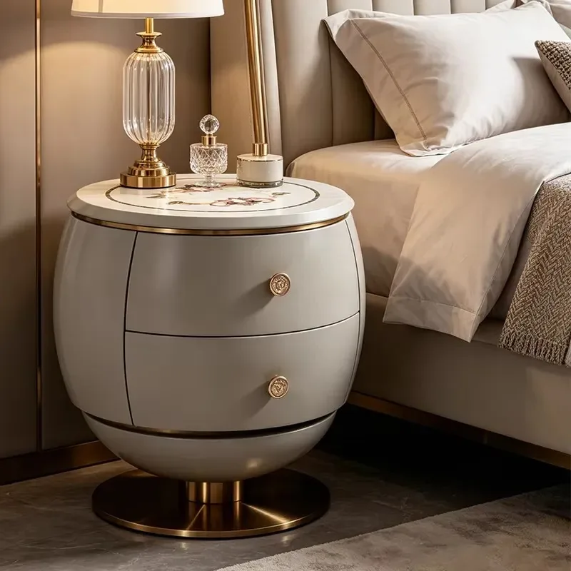 Luxury Marble Bedside Table Round 2 Drawers Solid Wood Modern Nightstand Locker Storage End Table for Bedroom Living Room