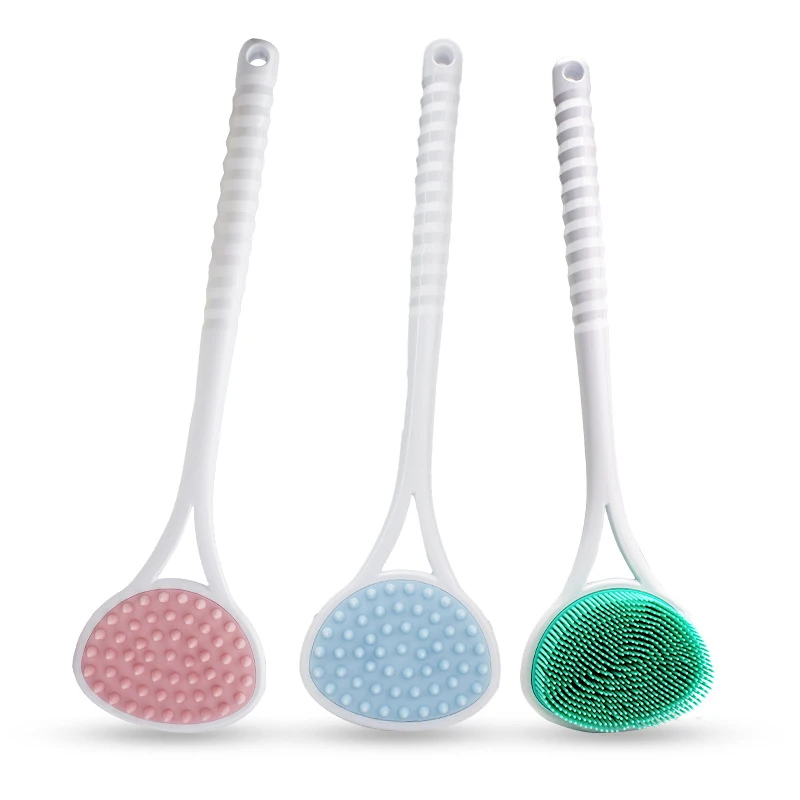 Silicone Double Side Brush Head Back Scrubber Shower Brush With Long Handle Dry Skin Exfoliating Body Massage Cleaning Tool