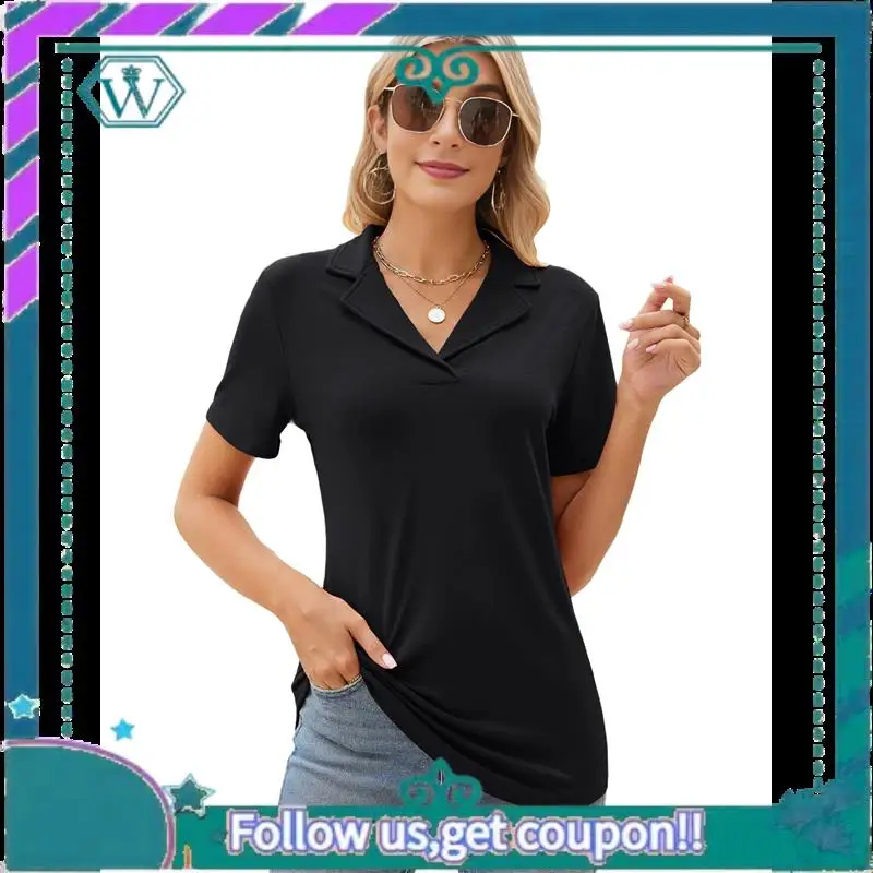 

A09P Women's Shirts Lapel Collar V Neck Short Sleeve Blouse Dressy Casual Tunic Tops