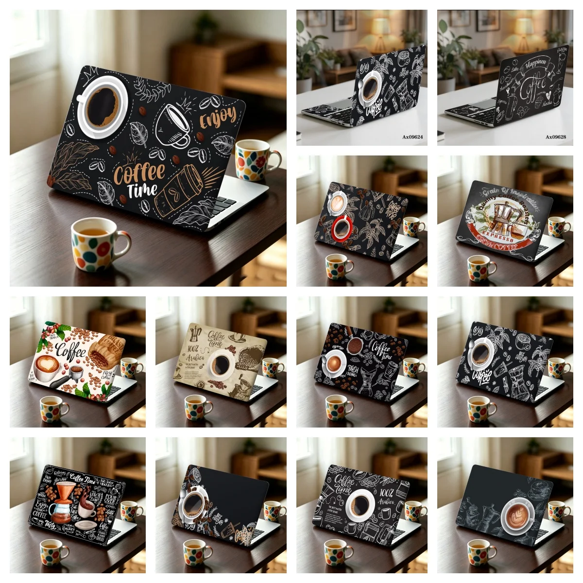 2 Pcs/pack Coffee Hand‑Drawn Art Laptop Skin Sticker,Self‑Adhesive Protective for MacBook Laptops Waterproof Keyboard Decoration