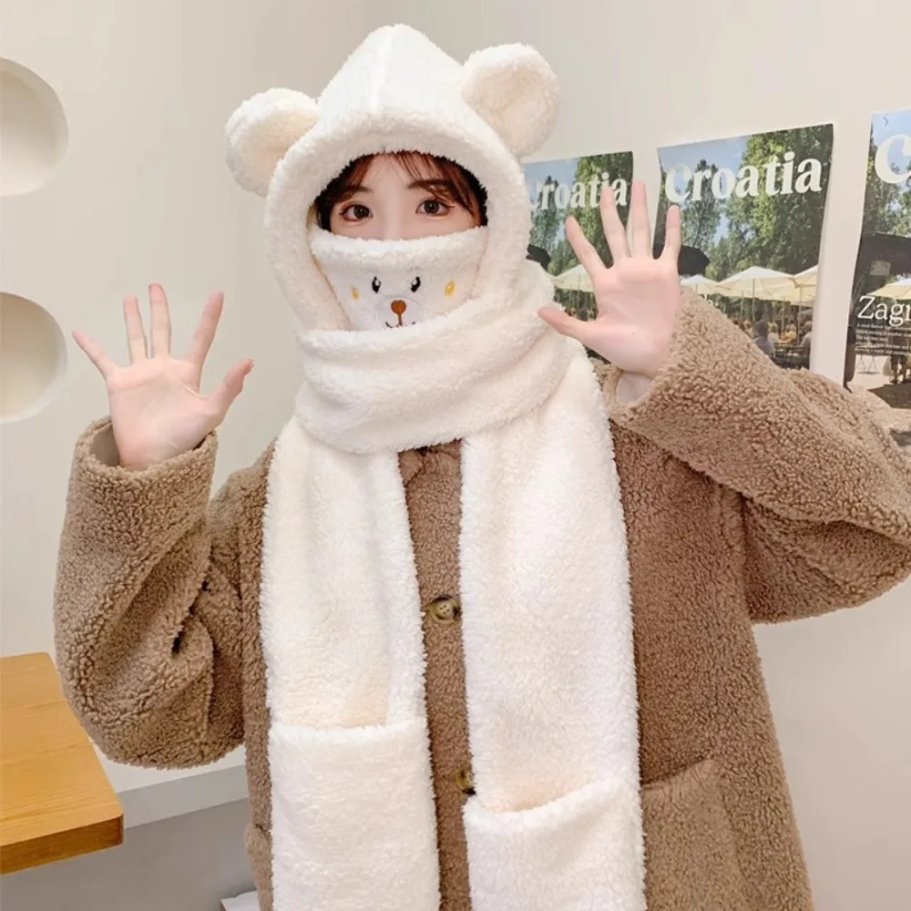 Sweet Plush Bear Ear Beanies Cap Solid Color Warm Scarf Gloves Set Large Head Circumference Thickened Ski Hat Women
