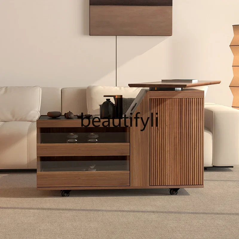 

French sofa side table removable tea cabinet living room with wheeled trolley lifting coffee table6005