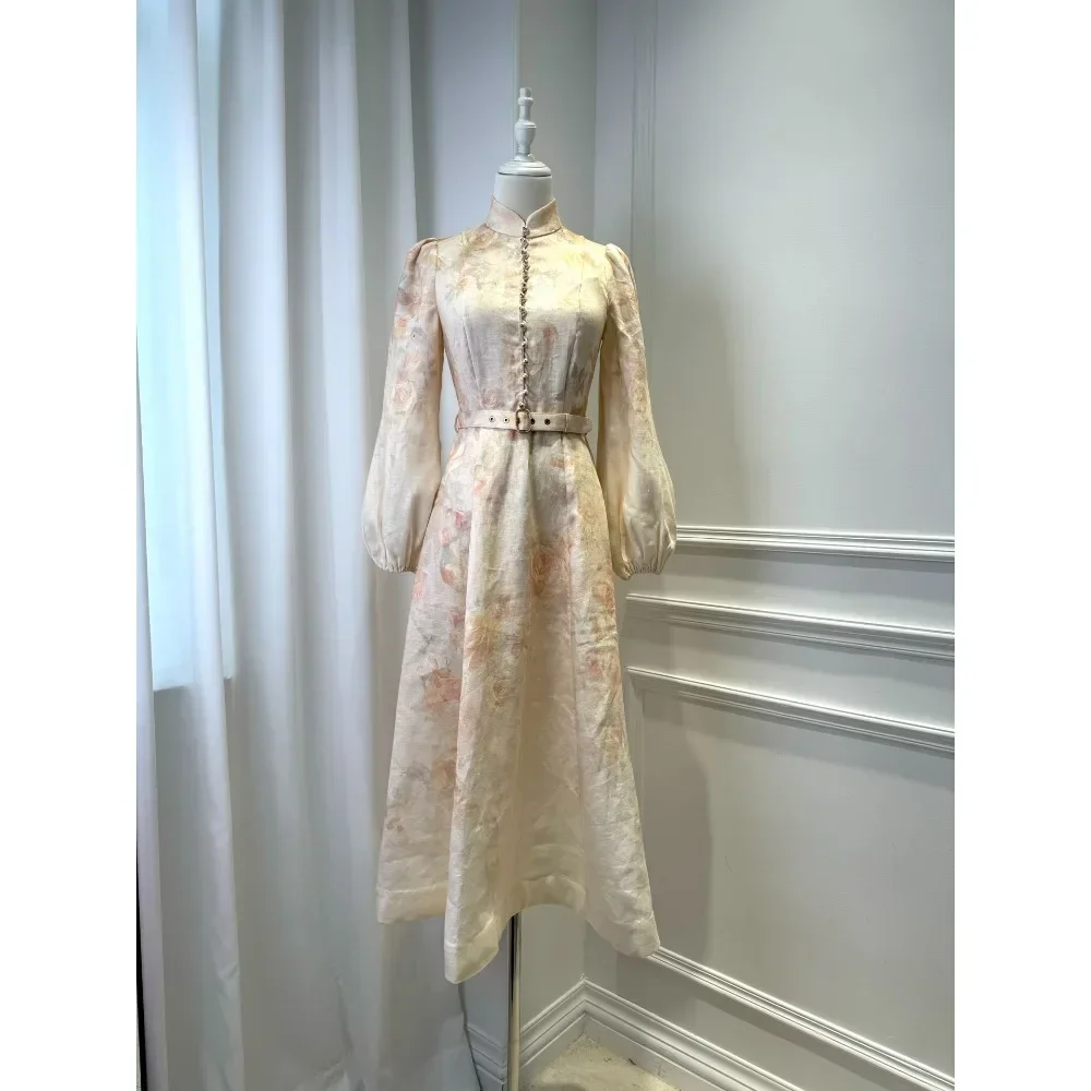 

Highest Quality Version Vintage Elegant Long Sleeve Dress for Women High Waist Belted A-Line Midi Dress Puff Sleeves Holiday