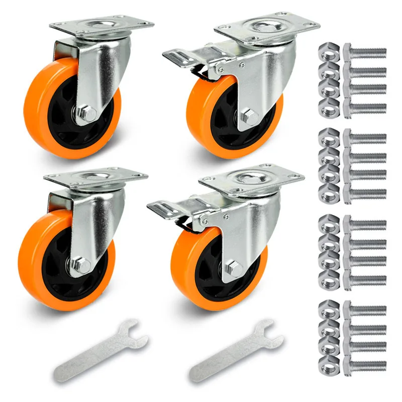 Caster Wheel Set for Furniture and Chairs 3 Inch 4 Inch 5 Inch Polyurethane Swivel Casters with Brakes 4 Piece DIY Replacement