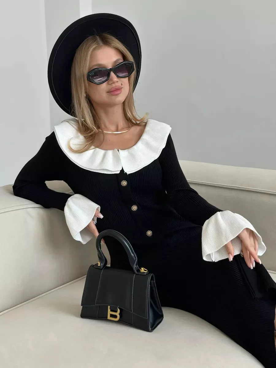 Fashion Knit Patchwork Long Dress Women's Ruffled Slim Elegant Contrast Ribbed Party Dress Knitwear Autumn Maxi Dress New