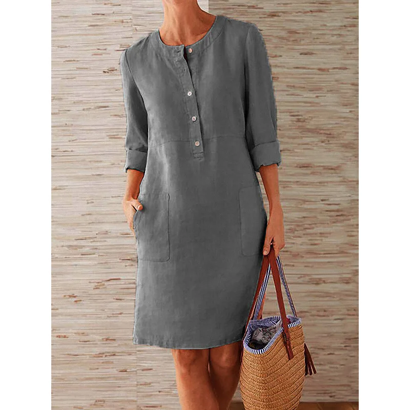 Women Casual Soild Long Sleeve Cotton And Linen Tunic Dress Vintage Straight Dress Long Sleeve Oversized Mini Knee-Length Dress