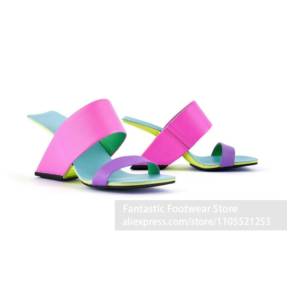 Geometric Angular Cut-out Wedge Heel Mules Square Open Toe Wedge Sandals Patent Leather High Gloss Shiny Surface High Heel Mules