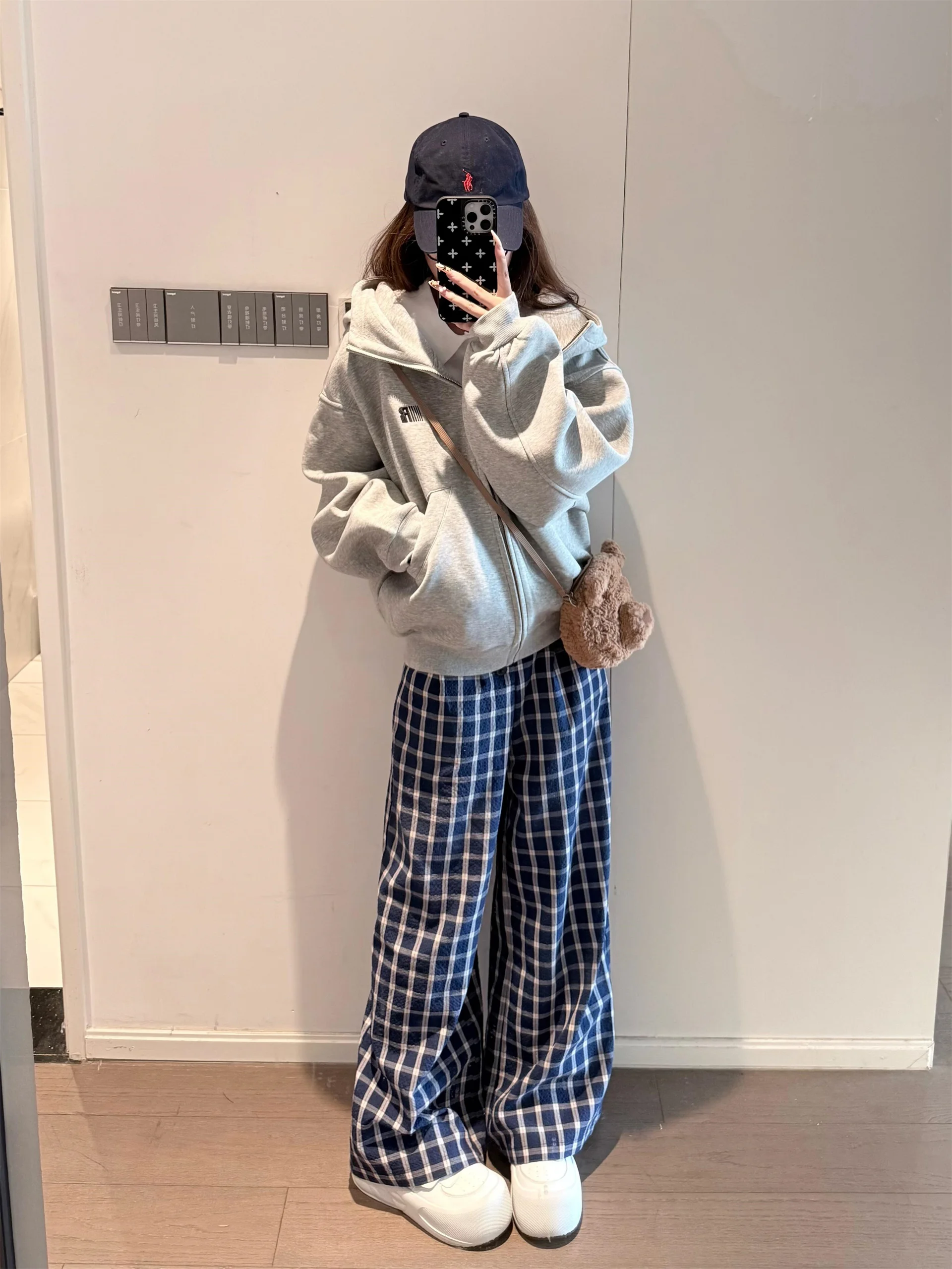 

Zhaolu синие клетчатые брюки женские летние американские ленивые свободные прямые брюки повседневные весенне-осенние брюки с высокой талией и широкими штанинами