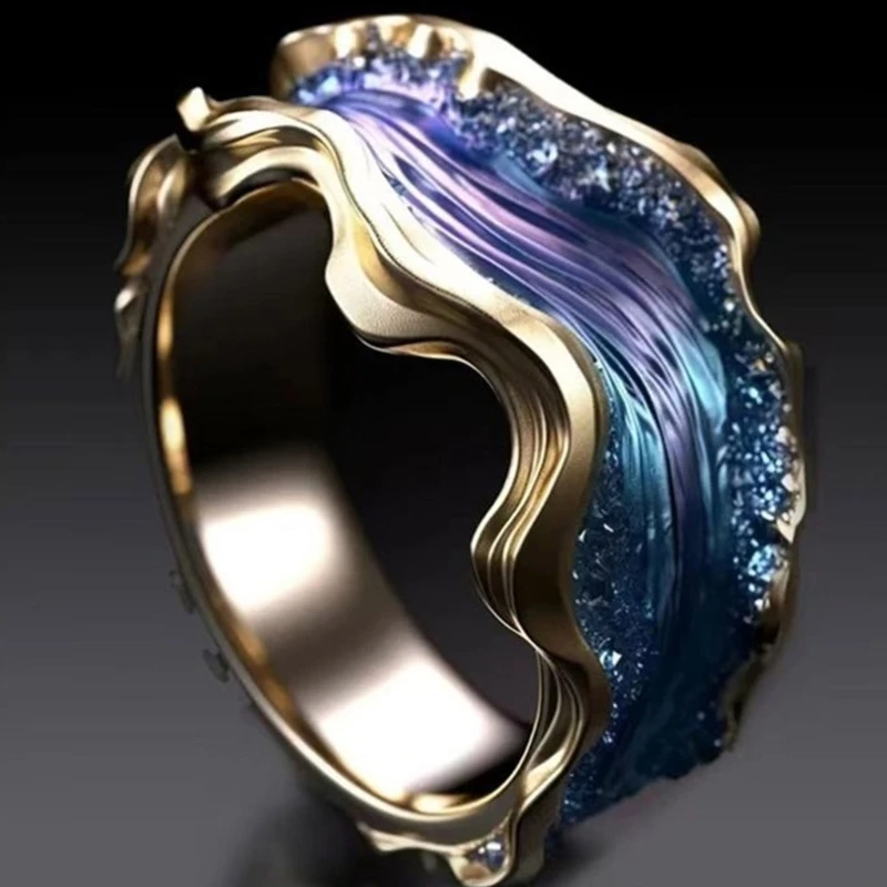 Adjustable Oceans Waving Rings Inspirational Sea Elegant Designs Silver Sturdy Alloy Resin Crafted Gifts for Women N2UE