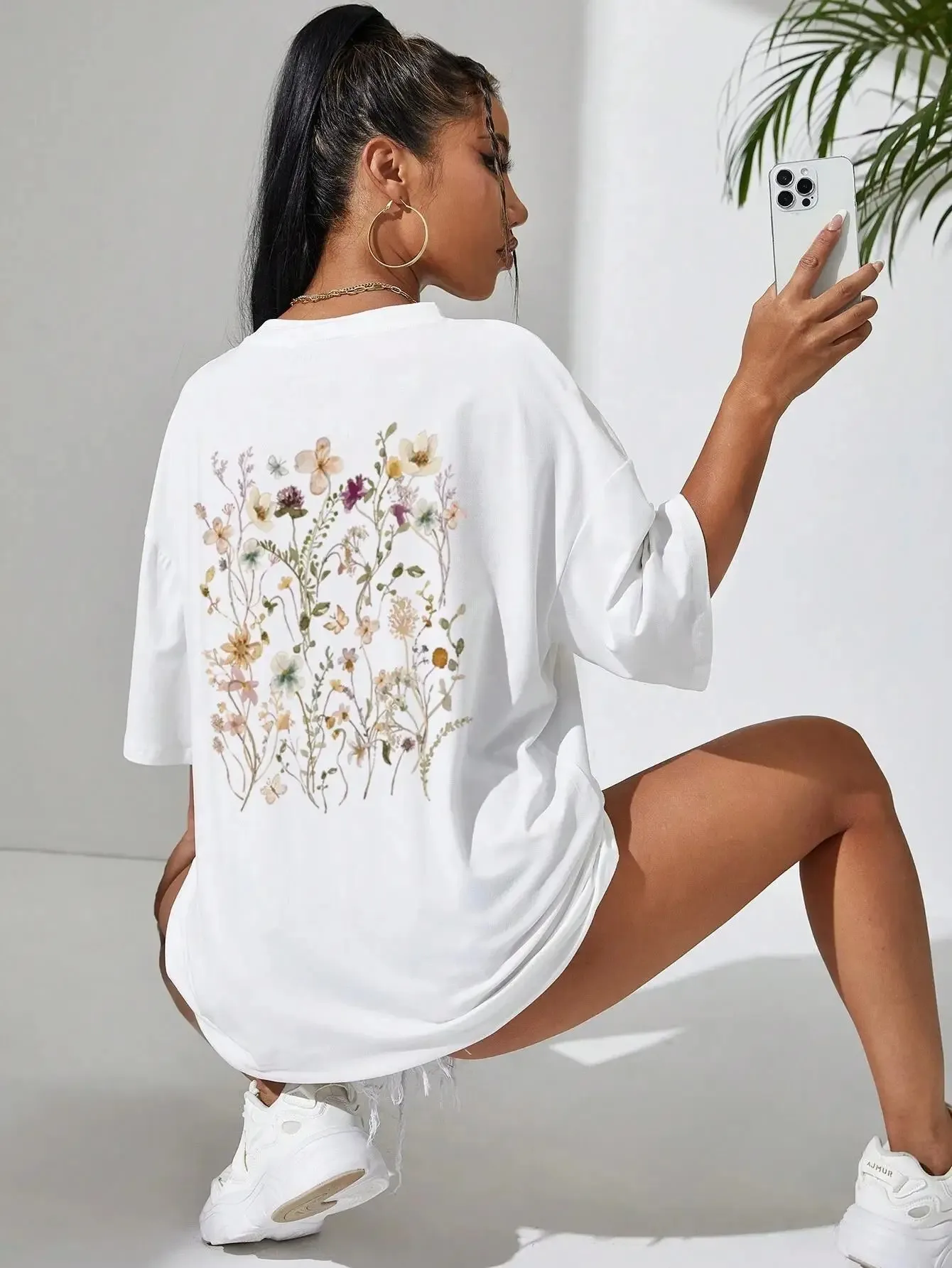 Piękny kwiat klastra nadruk bawełniany damski T-shirt Plus Size Casual oddychająca miękka Top z krótkim rękawem wygodny odzież uliczna