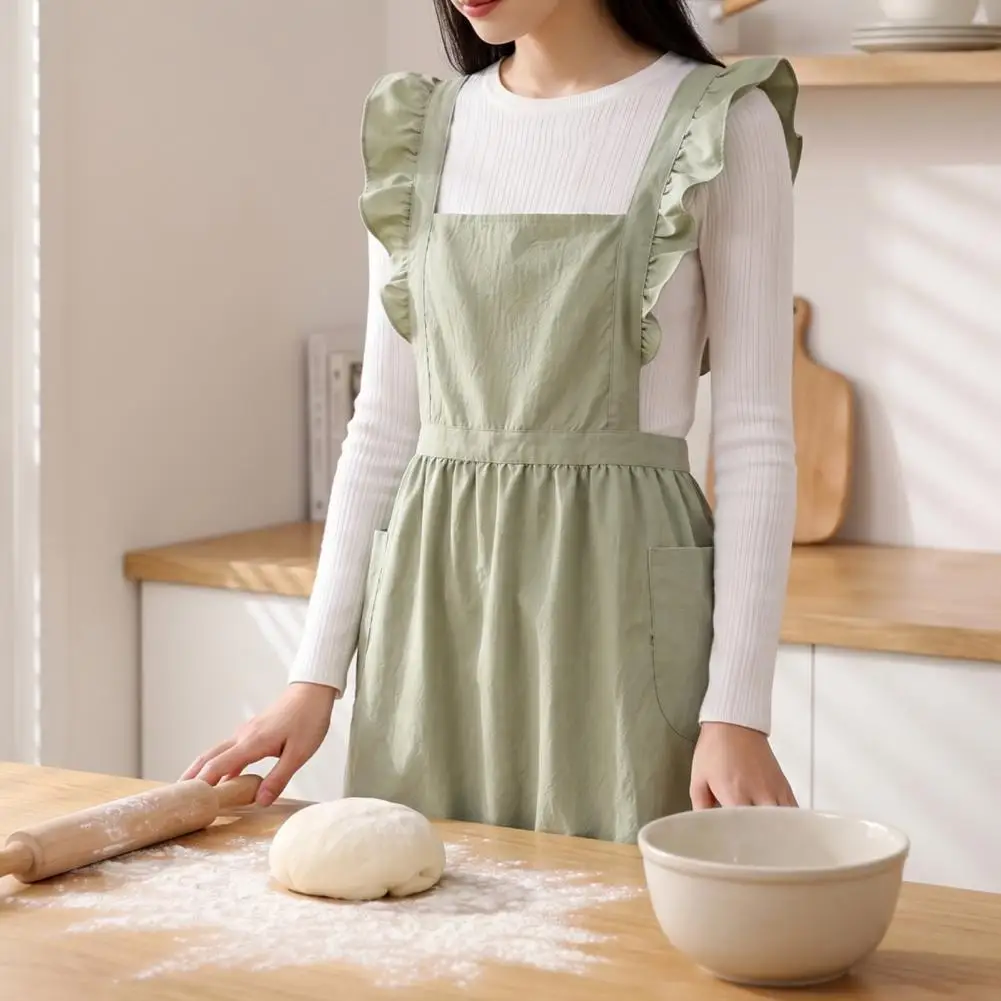 Polyester Chef Bib Apron Back Ruffle Apron with Side Pockets Water Repellent Polyester Cooking Bib Apron Adjustable Straps