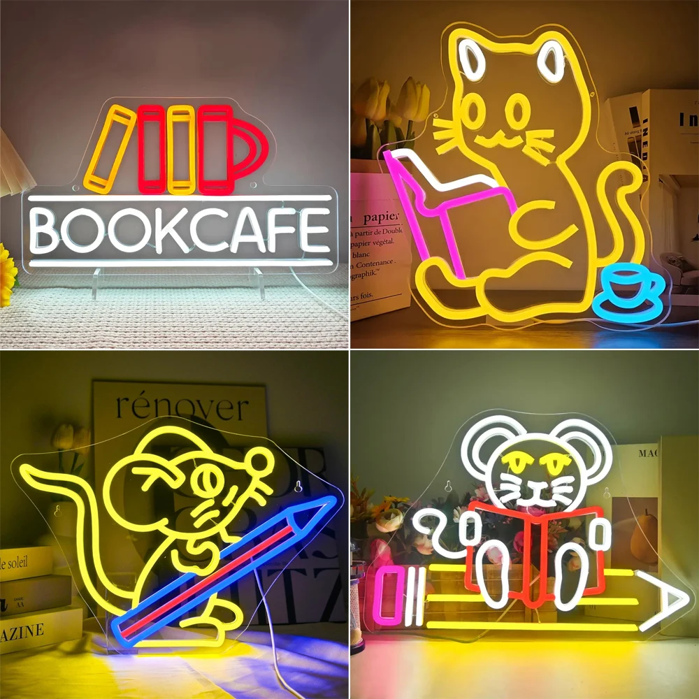 

Mouse Reading Neon Led Sign Cat Read Book Wall Decor Light For Study Room Reading Room Library Dimmable Room Decoration USB