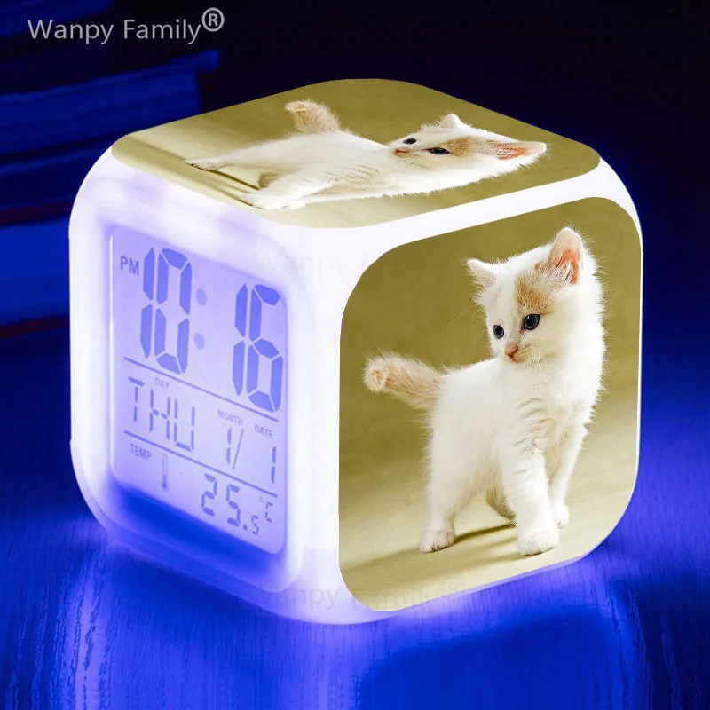 Cute Kitten LED Alarm Clock 7Color Changing Glowing Pet Cat Reloj Despertador Kids Room Multifunction Wake Timer Desk Clock