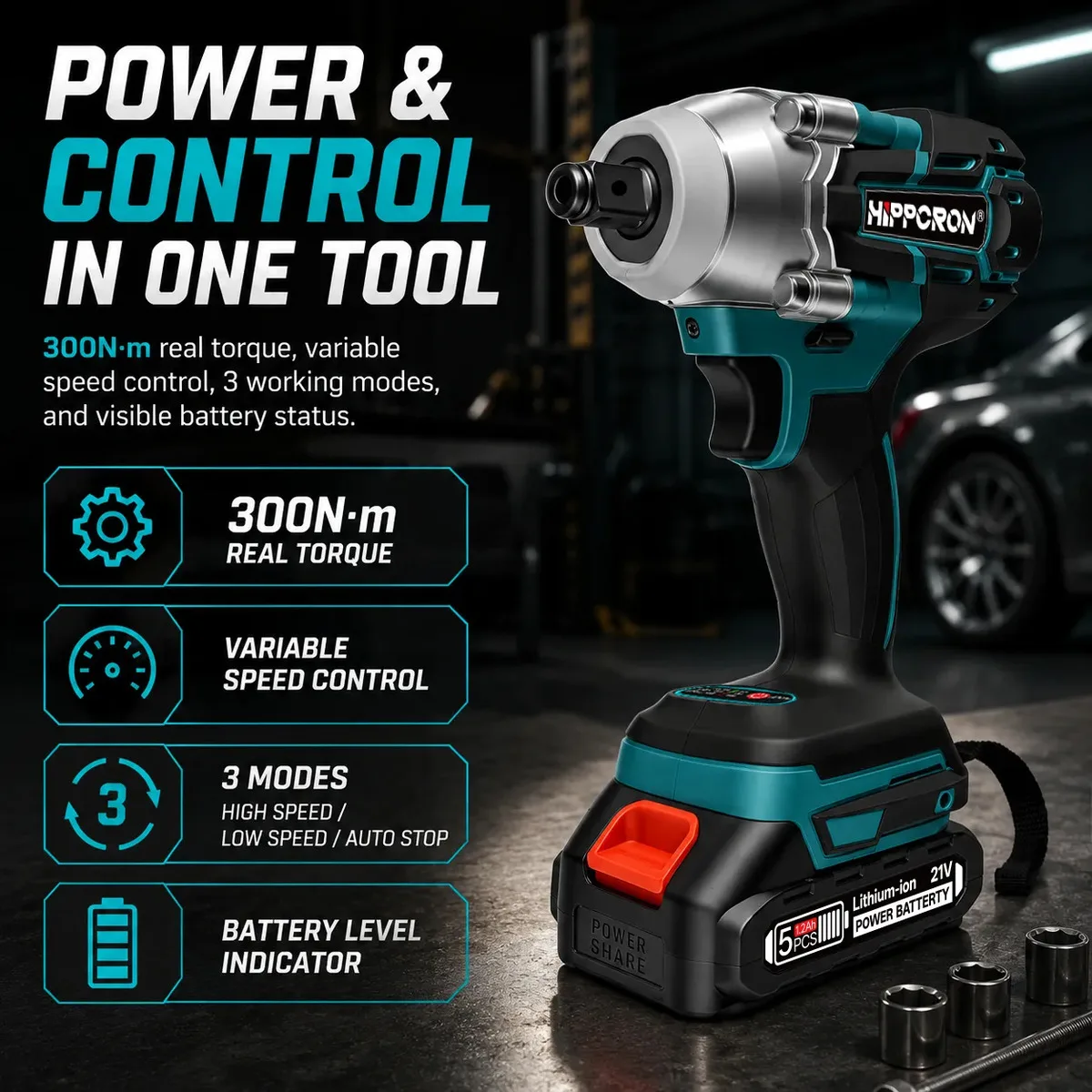 HIPPCRON 3000RPM 300NM Cordless Electric Ratchet Wrench 1/2