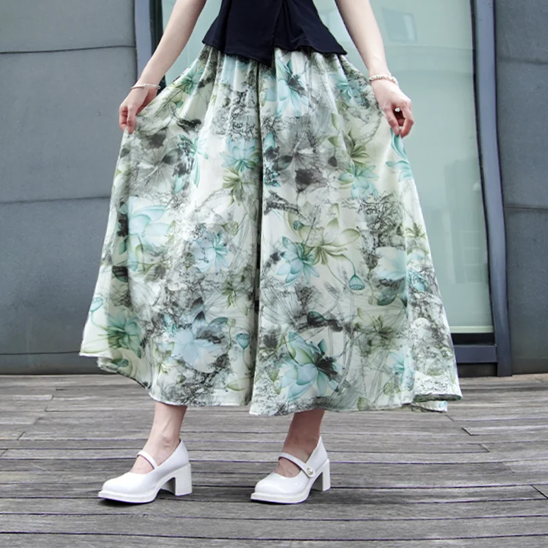 

Прохладная девятиминутная широкая юбка из ледяного шелка, новая винтажная юбка с чернильным принтом