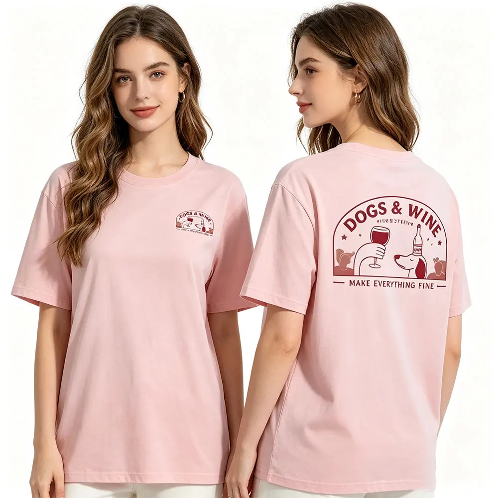 Cute Dogs & Wine Make Everything Fine Tee Fashion Cotton Short‑sleeve Tops Tone Pet Aficionados Wine Lovers Casual Women T-Shirt