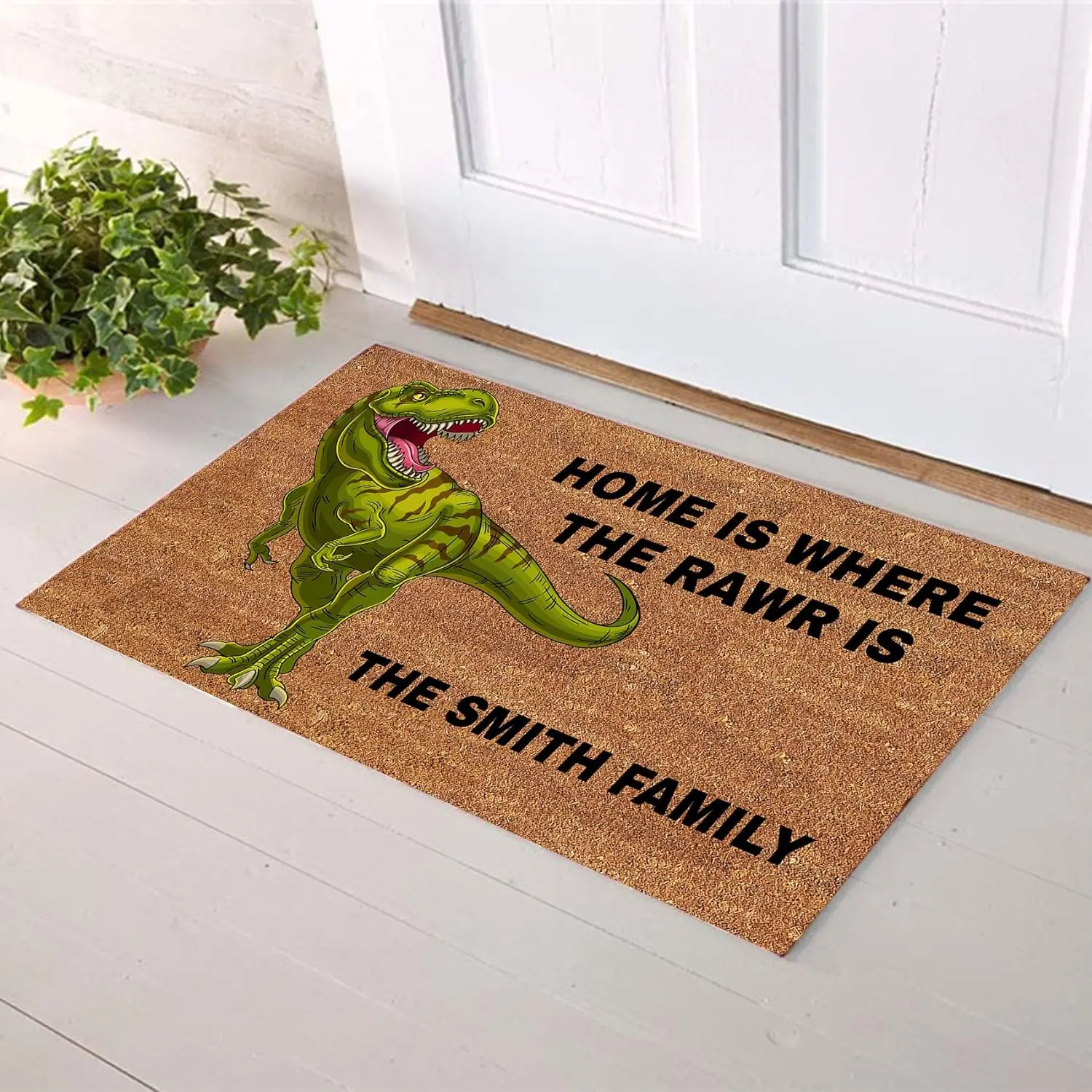 Custom Personalized Doormat Home Is Where The Rawr Is Dinosaur Door Mat Outdoor Entrance Indoor Rugs Tyrannosaurus Rex