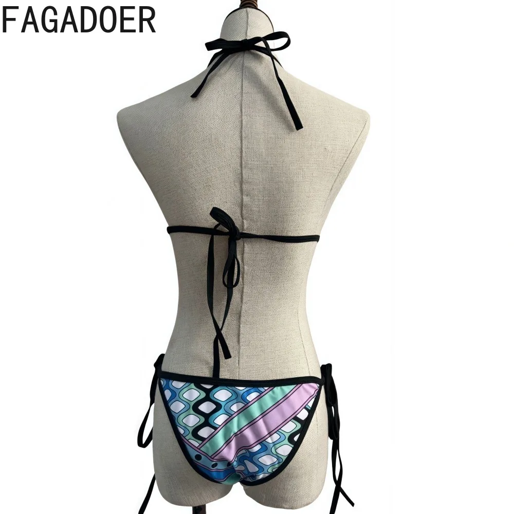 FAGADOER Sexy Bikinis Set 3 Piece Swimwear Woman 2025 Geometry Pattern Halter Backless Patchwork Tops +Underpants+ Lace Up Skirt