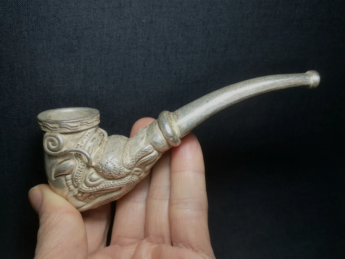 Old Collection Chinese Tibet Silver Carving Dragon Head Tobacco Pipe Decoration Gift