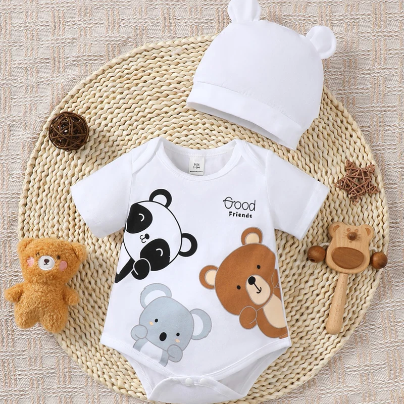 2PCS Short Sleeved Jumpsuit+Hat for Newborn Baby Boys and Girls 0-9 Months Cute Animals White Romper Bodysuits Onesie for Summer